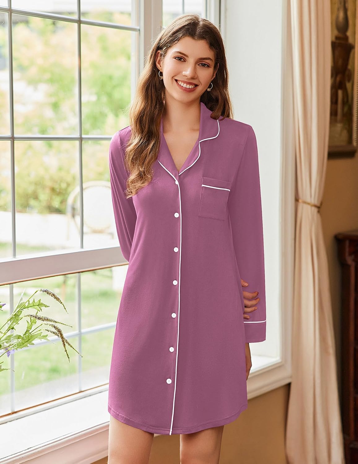 Ekouaer Nightgowns for Women Long Sleeve Night Gown Button Pajama Dress