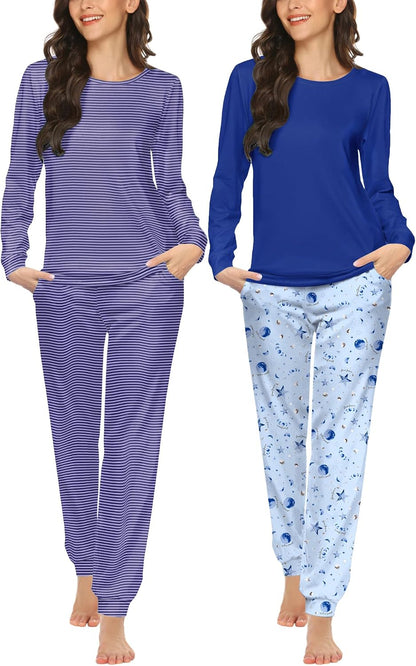 Ekouaer 2 Pack Pajama Sets for Women,Long Sleeve Top Jogger Pant Loungewear