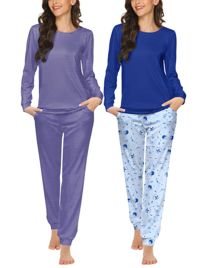 Ekouaer 2 Pack Pajama Sets for Women,Long Sleeve Top Jogger Pant Loungewear