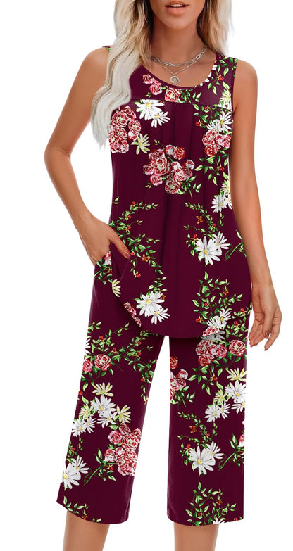 Findsweet Women Pajamas Sets Loungewear Soft Sleepwear Two Piece Summer Sleeveless Pjs Tank Top Pants with Pocket S-4XL