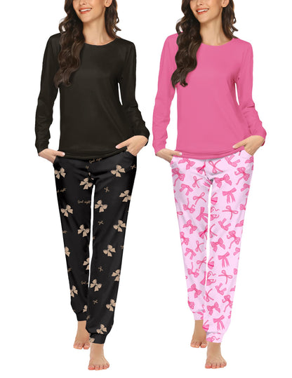 Ekouaer 2 Pack Pajama Sets for Women,Long Sleeve Top Jogger Pant Loungewear