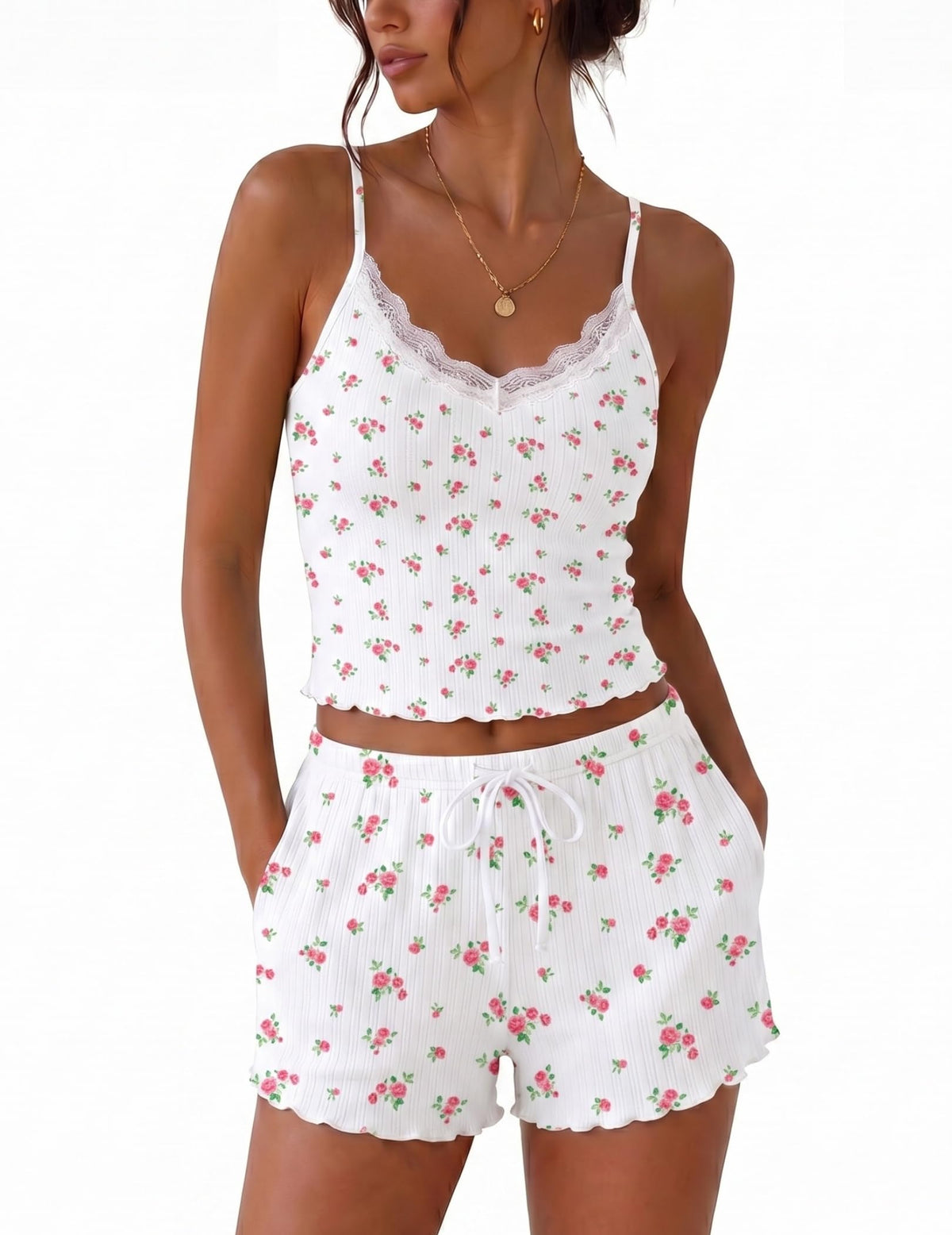 Ekouaer Womens Lace Cami Pajama Lingerie Sets 2 Piece Shorts with Pockets