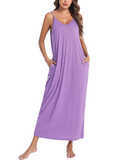 Marvmys Women's Cotton Long Nightgowns Sleeveless Sleep Dress with Pockets