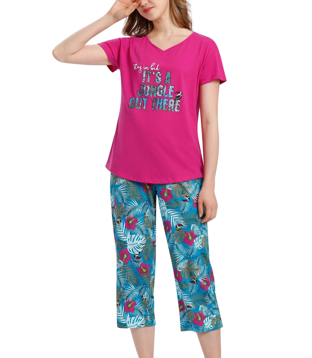 ENJOYNIGHT Womens Pajama Set Cotton Short Sleeve Top With Capri Pants Pj