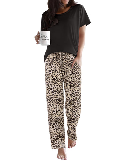 Ekouaer Womens Pajamas Sets Round Neck Pjs Loose Lounge Sets Sleepwear