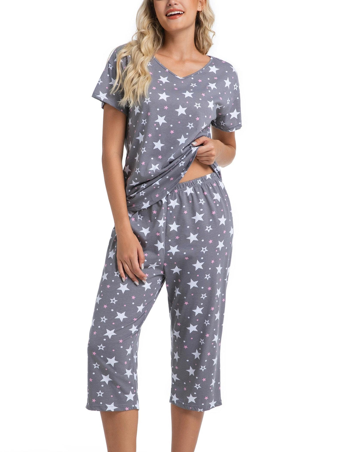 ENJOYNIGHT Womens Pajama Set Cotton Short Sleeve Top With Capri Pants Pj