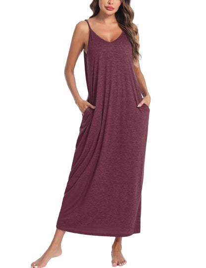 Marvmys Women's Cotton Long Nightgowns Sleeveless Sleep Dress with Pockets