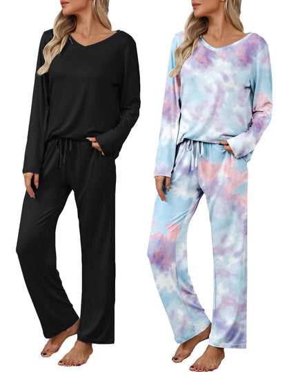 Ekouaer Women's 2 Pack Long Sleeve Pajama Sets V Neck Lounge Sets