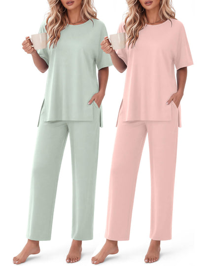 Ekouaer Women's Lounge Sets Short Sleeve Top Long Pants 2 Piece Outfit Set
