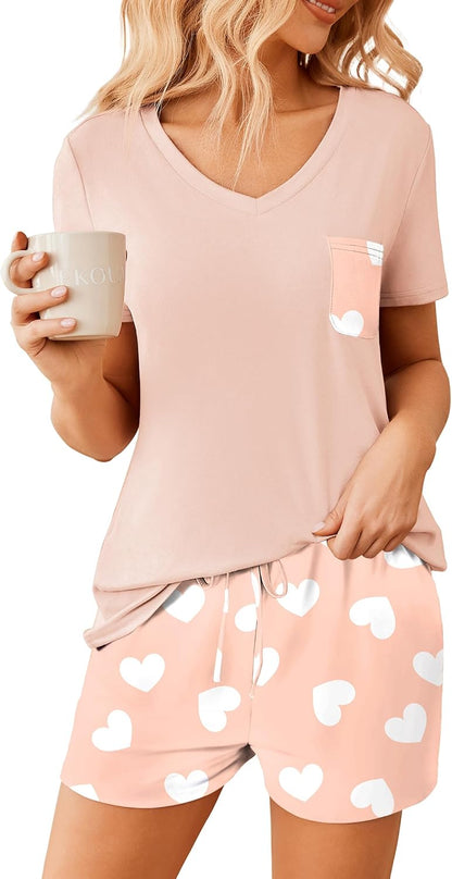 Ekouaer Womens Pajama Sets Shorts Soft 2 Piece Lounge Set with Chest Pocket
