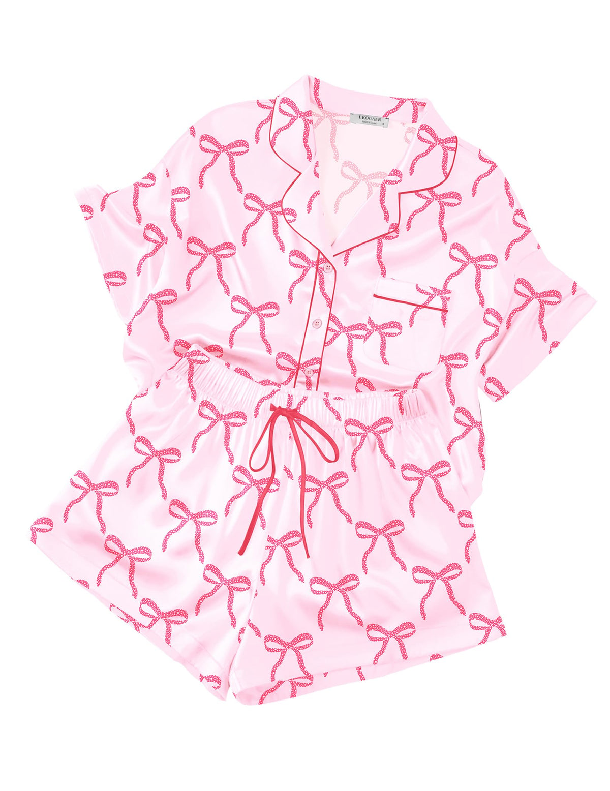 Ekouaer Womens Silk Satin Pajama Set, 2 Piece Heart Embroidery Short Sleeve Button Down Pjs Set for Bridal Party