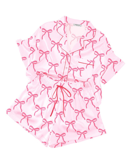 Ekouaer Womens Silk Satin Pajama Set, 2 Piece Heart Embroidery Short Sleeve Button Down Pjs Set for Bridal Party