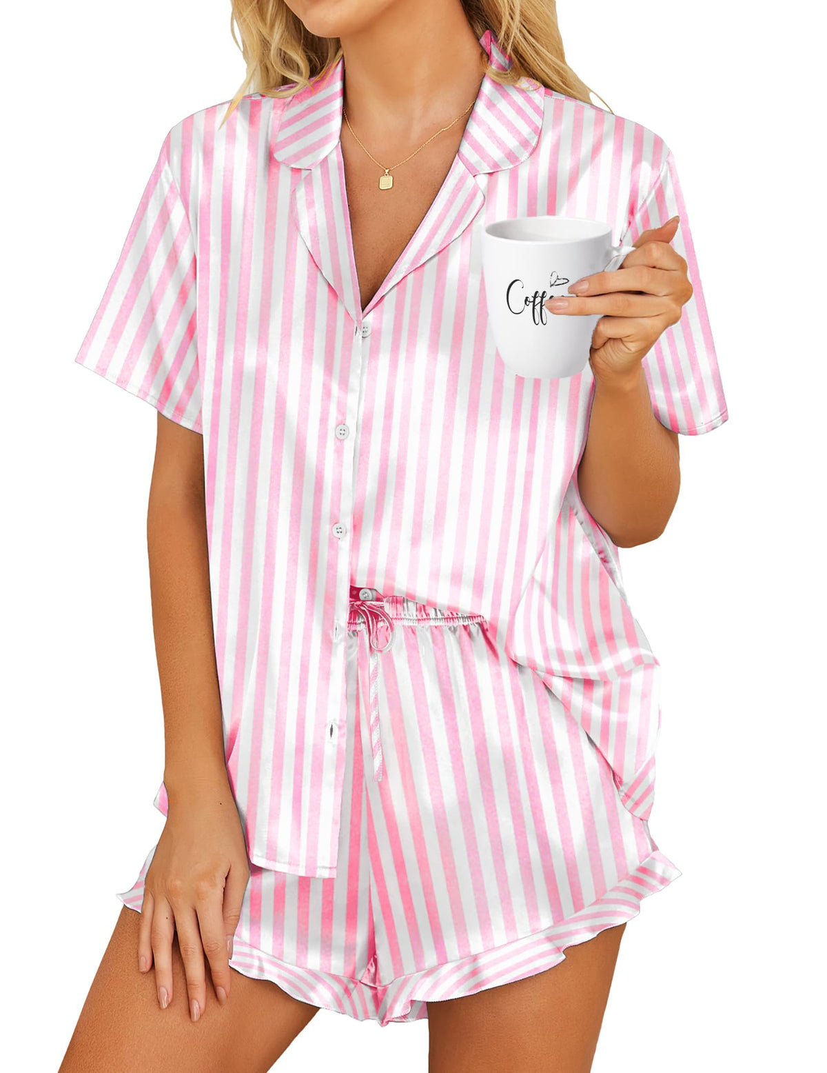 HOTOUCH Womens Satin Pajamas Set Button Down 2 Piece Ruffle Shorts Set