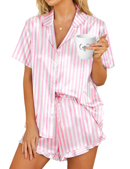 HOTOUCH Womens Satin Pajamas Set Button Down 2 Piece Ruffle Shorts Set