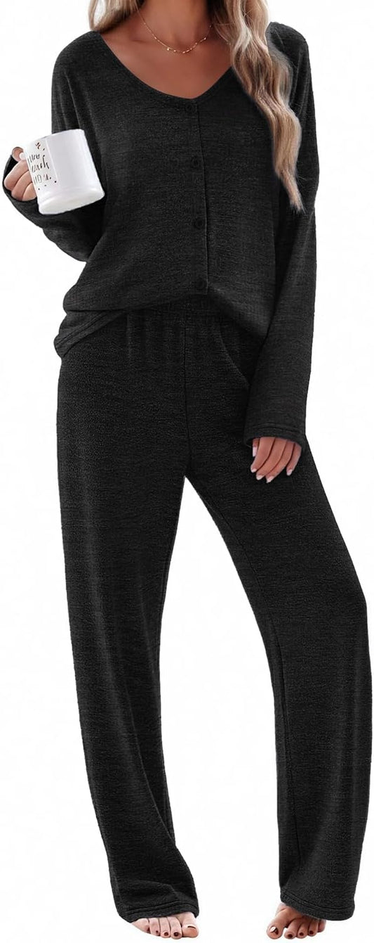 Ekouaer Womens Pajama Sets Button Up Long Sleeve Lounge Set Soft V Neck Pj