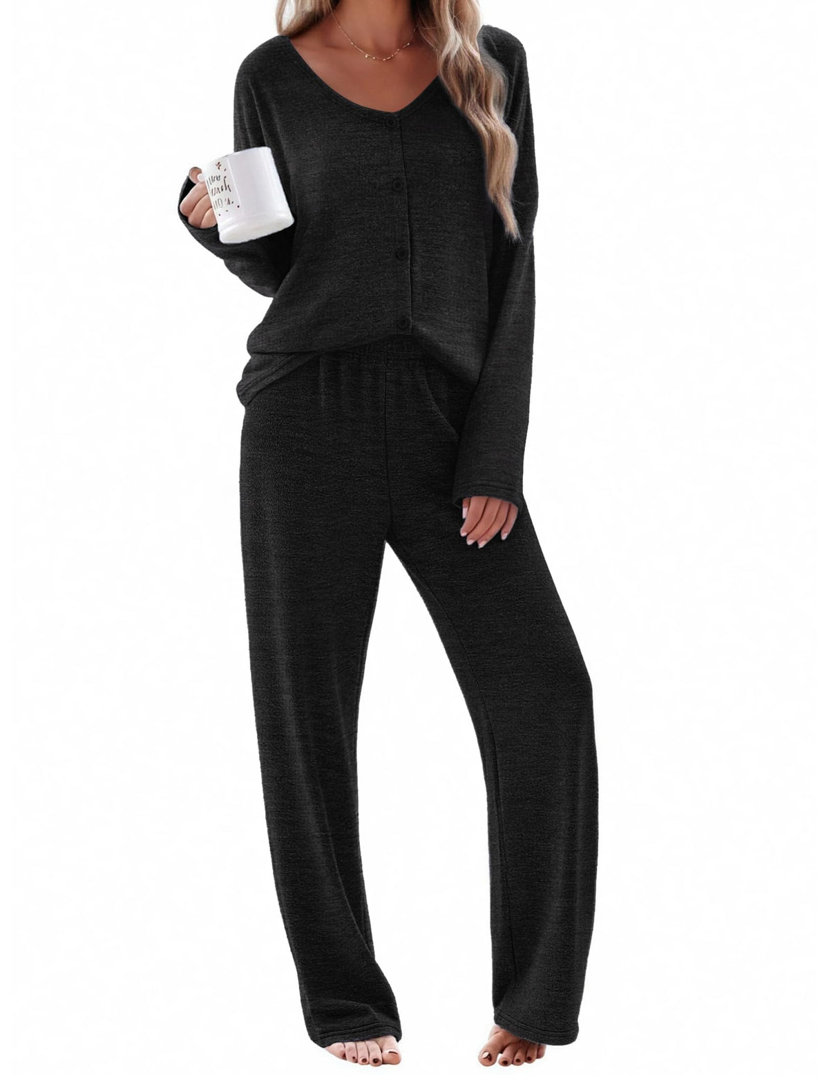 Ekouaer Womens Pajama Sets Button Up Long Sleeve Lounge Set Soft V Neck Pj