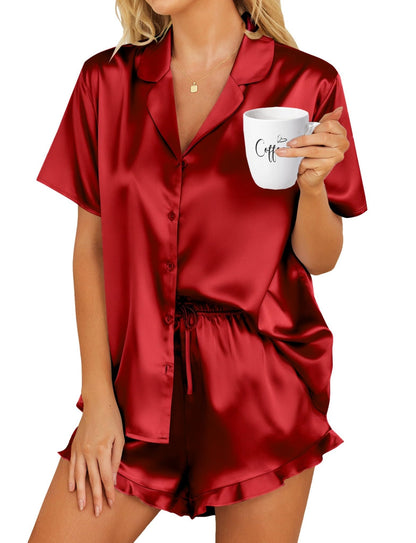 HOTOUCH Womens Satin Pajamas Set Button Down 2 Piece Ruffle Shorts Set