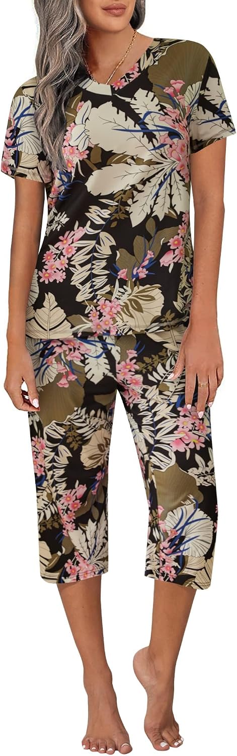 Ekouaer Women's Capri Pajama Sets Short Sleeve Two Piece Summer Lounge Sets