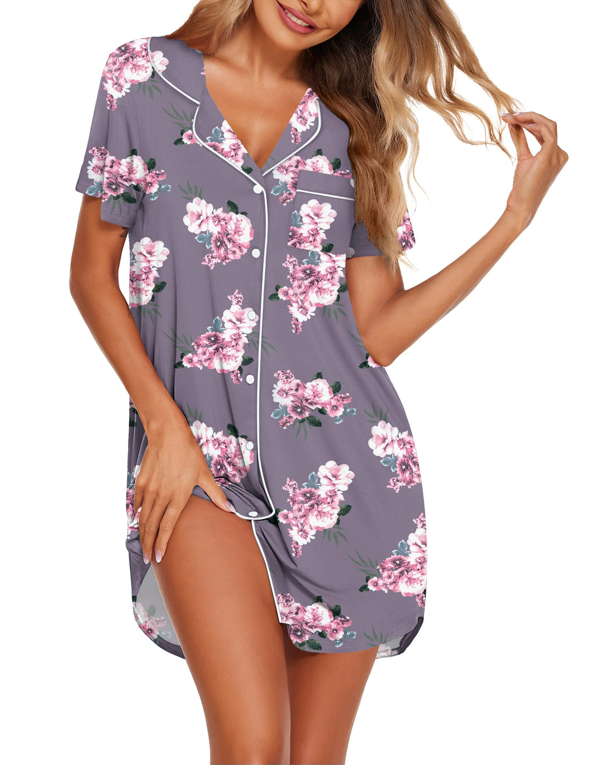 Ekouaer Nightgowns for Women Button Down Night Gowns Short Sleeve Sleepwear
