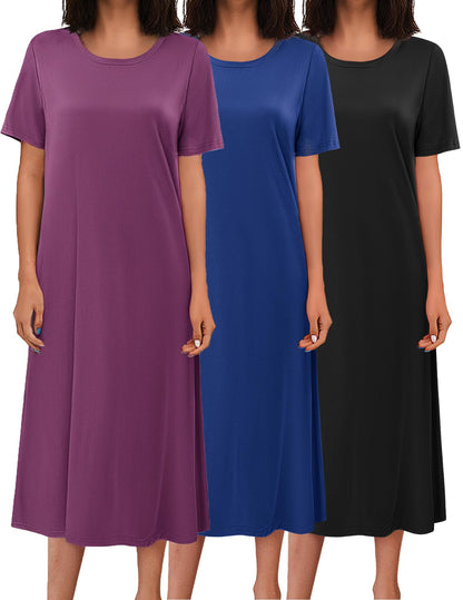 Ekouaer 3 Pack Long Nightgowns for Women House Dress Plus Size Nightshirt