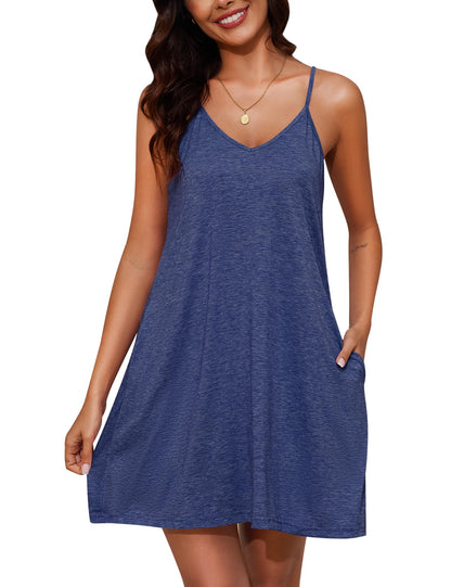 Marvmys Womens Cotton Sleeveless Nightgown Spaghetti Strap V Neck Full Slip Sleep Dress with Pockets
