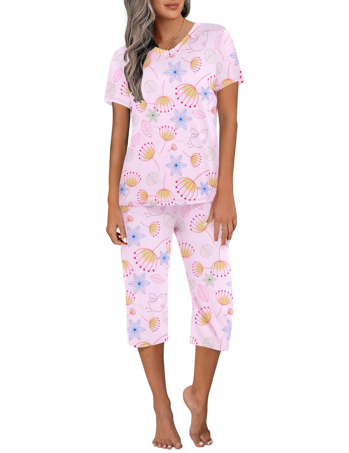 Ekouaer Women's Capri Pajama Sets Short Sleeve Two Piece Summer Lounge Sets