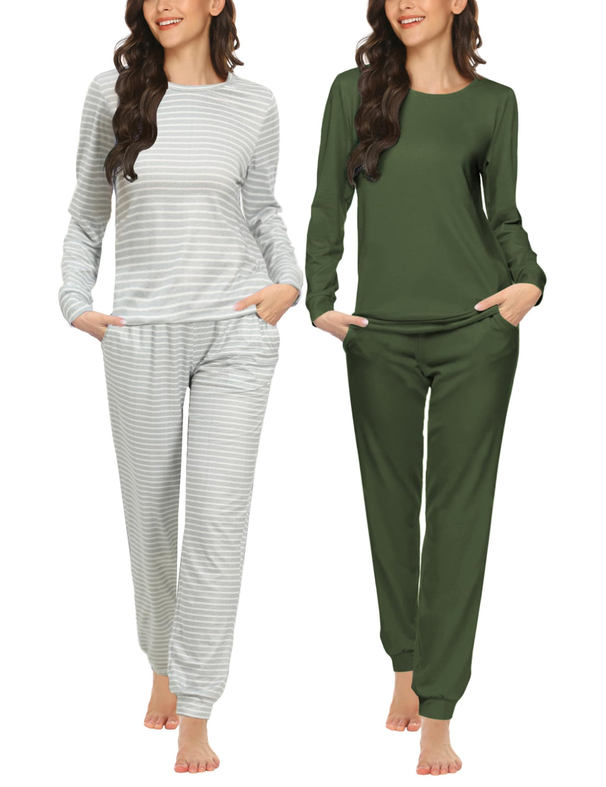 Ekouaer 2 Pack Pajama Sets for Women,Long Sleeve Top Jogger Pant Loungewear