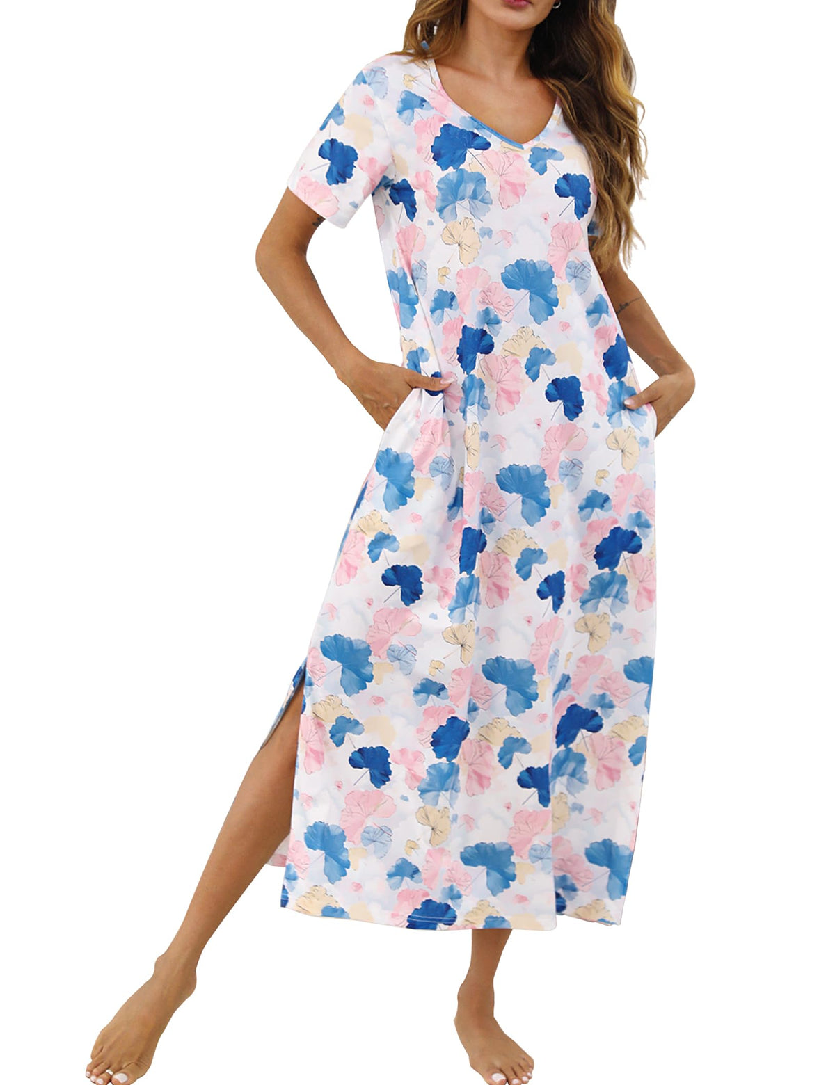 Marvmys Women Short Sleeve Nightgown Cotton Long Nightshirts with Pocket