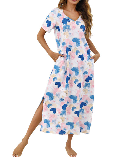 Marvmys Women Short Sleeve Nightgown Cotton Long Nightshirts with Pocket
