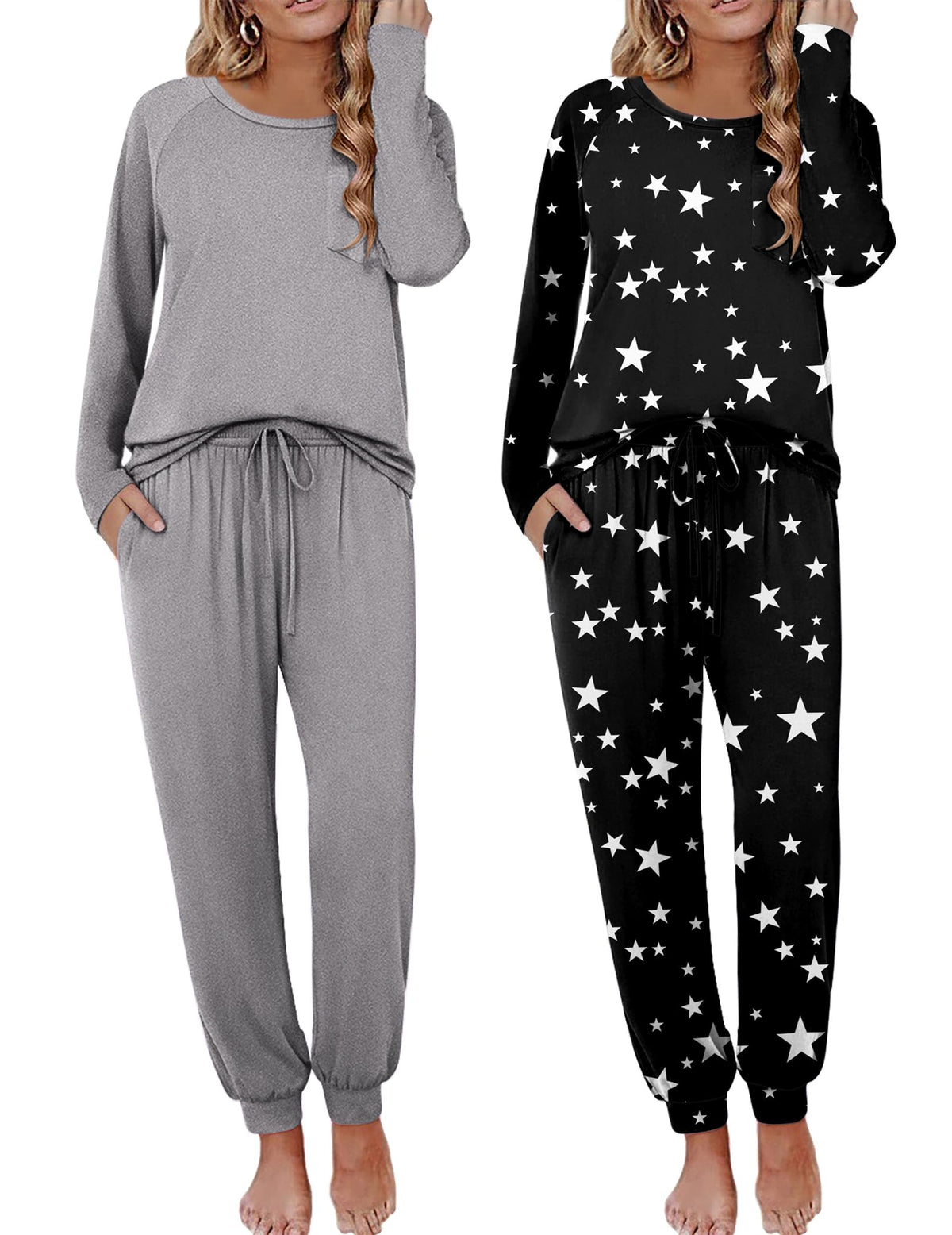 Ekouaer 2 Pack Womens Pajama Sets Long Sleeve Pjs Soft Comfy Lounge Set