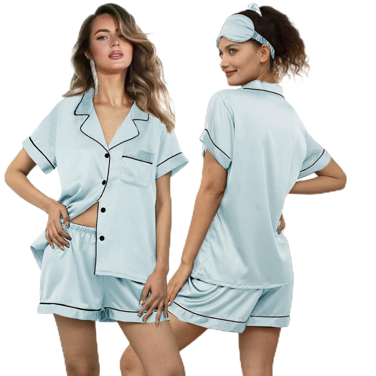 WJing Yi Jia 5Pcs Womens Soft Satin Pajama Set XS-4XL Button-Down Silk Pajamas Floral Sleepwear Bridal Pjs Lounge Pj Sets