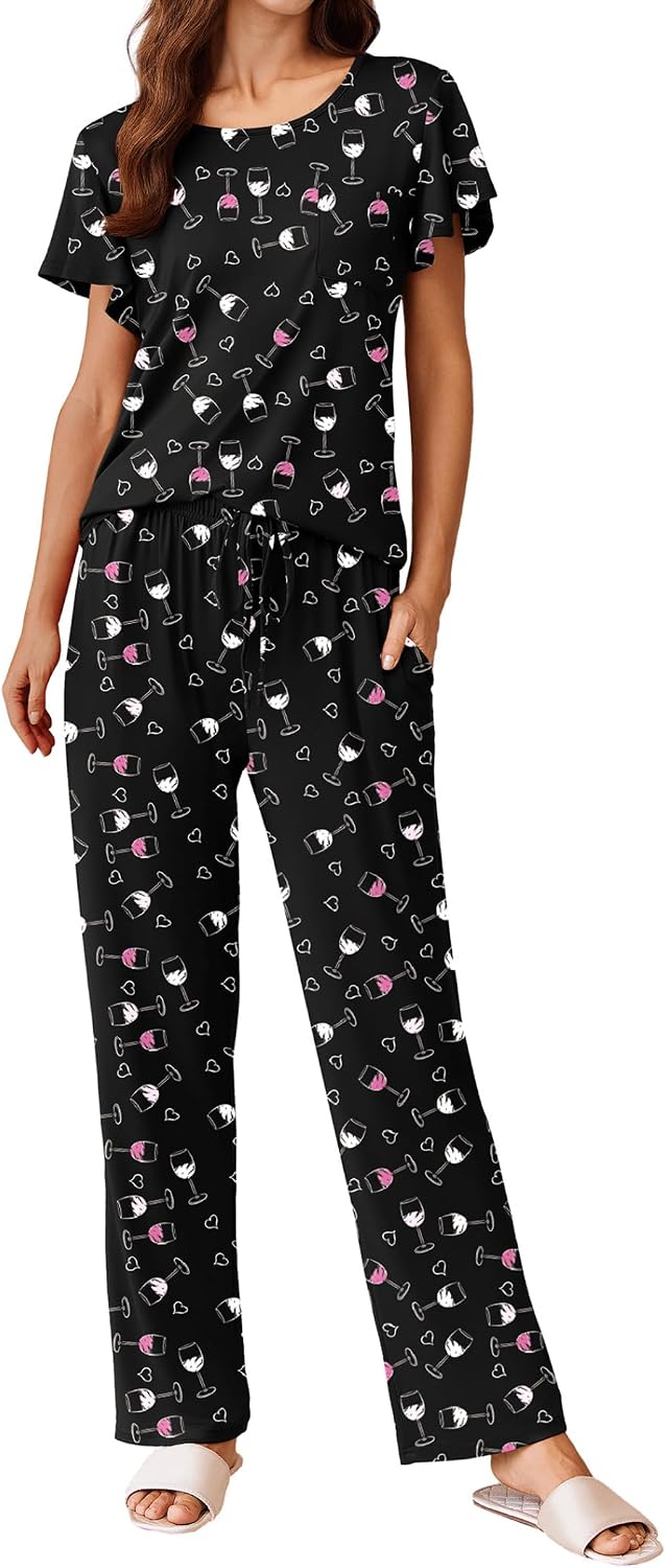 Ekouaer Pajamas for Women Set 2 Piece Comfy Loungewear, Lightweight Pjs Sleepwear, Short Sleeve Top & Long Pants with Pockets