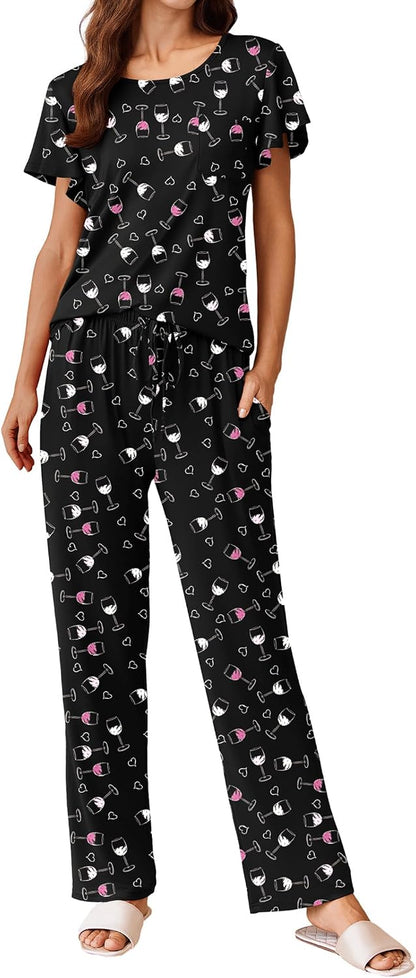 Ekouaer Pajamas for Women Set 2 Piece Comfy Loungewear, Lightweight Pjs Sleepwear, Short Sleeve Top & Long Pants with Pockets