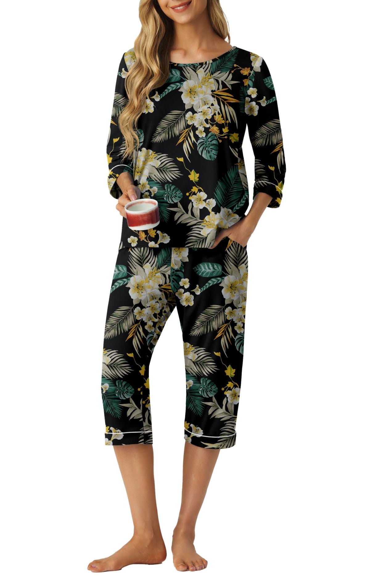 PrinStory Womens Pajama Sets Capri Pjs Soft Lounge Sets XS-4XL