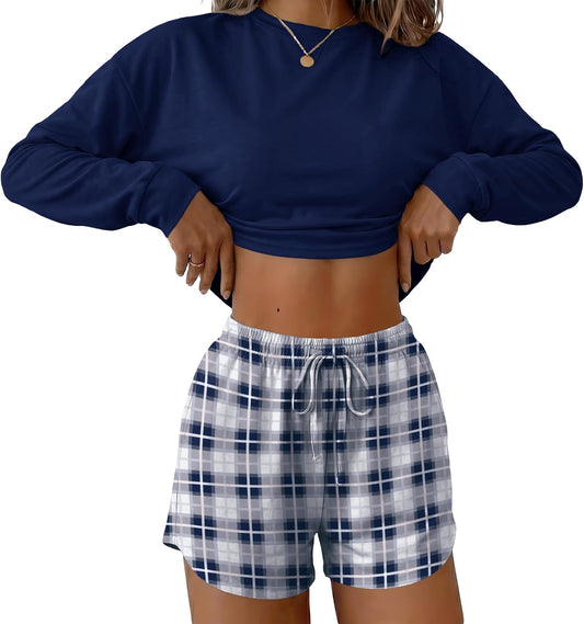 Ekouaer Womens Pajama Sets Long Sleeve Top and Shorts Lounge Set Sleepwear