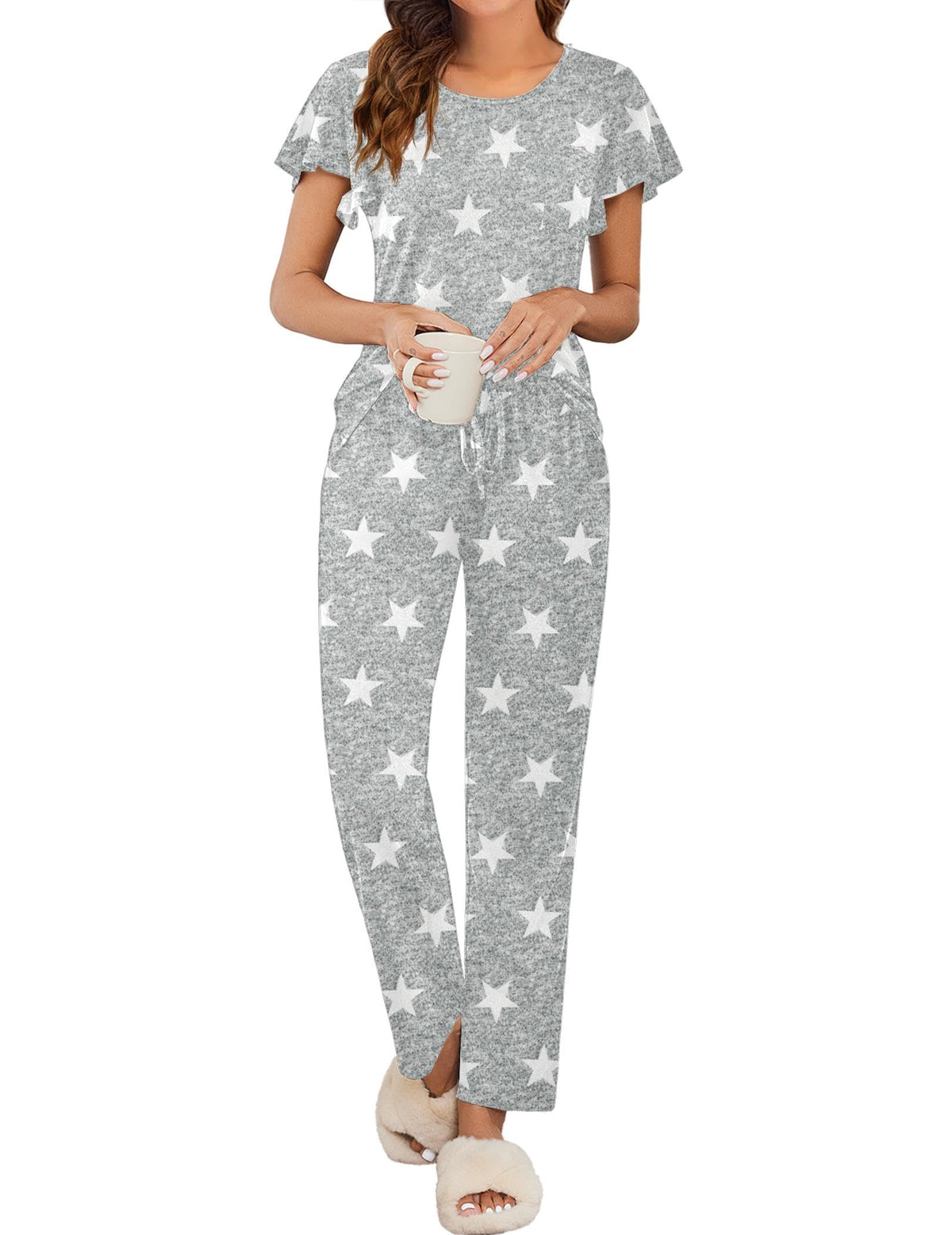 Ekouaer Pajamas for Women Set 2 Piece Comfy Loungewear, Lightweight Pjs Sleepwear, Short Sleeve Top & Long Pants with Pockets