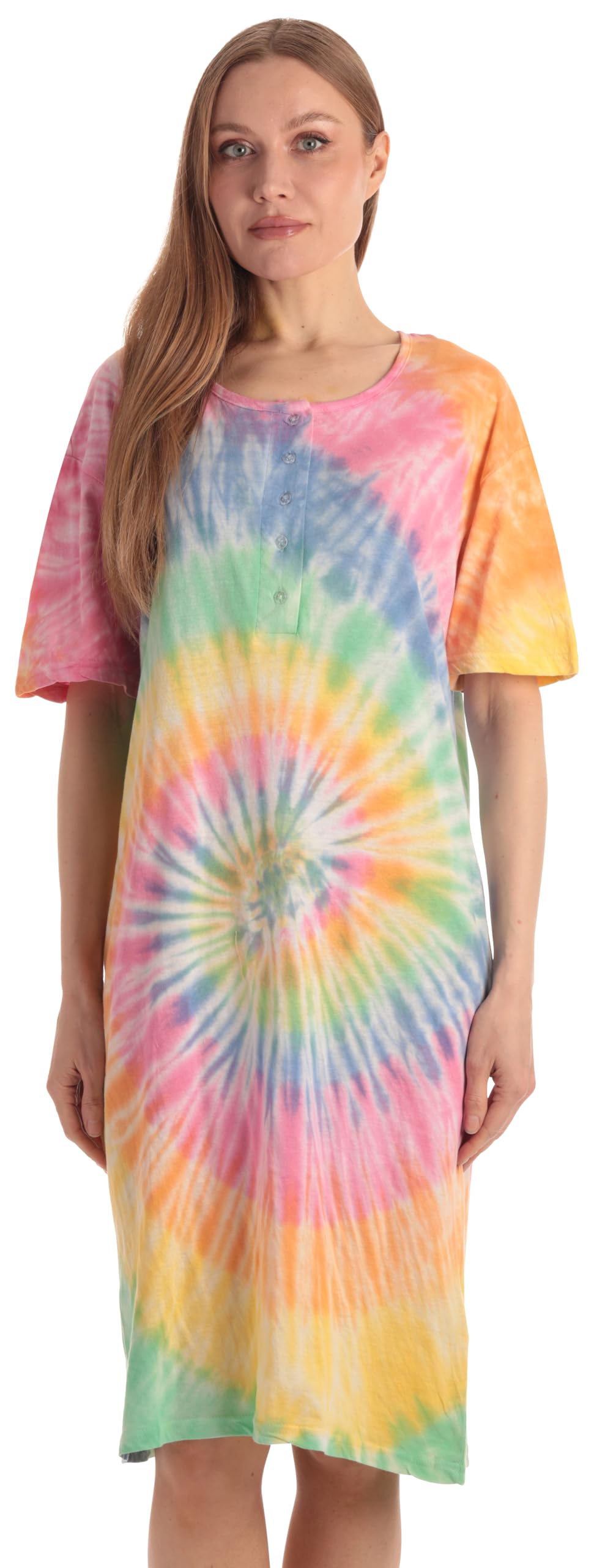 Just Love Women's Tie Dye Nightgown, 100% Cotton Short Sleeve Henley Sleep Shirt
