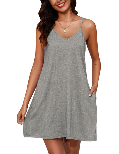Marvmys Womens Cotton Sleeveless Nightgown Spaghetti Strap V Neck Full Slip Sleep Dress with Pockets