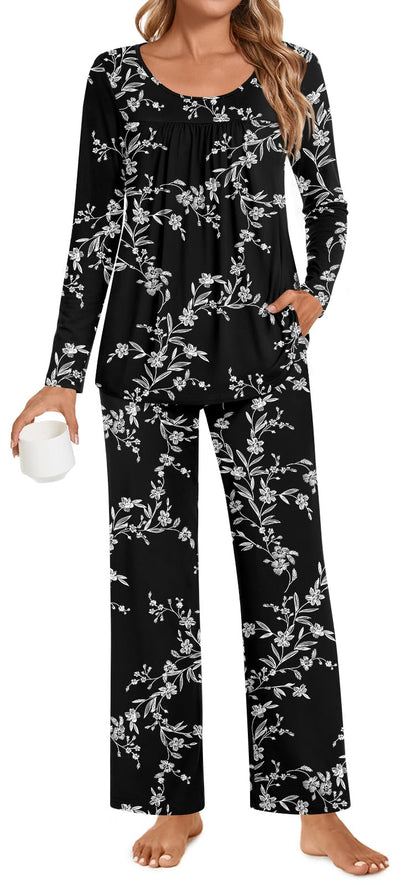 POPYOUNG Womens Pajama Set 2 Pieces Fall Pjs Comfy Sleepwear with Pockets