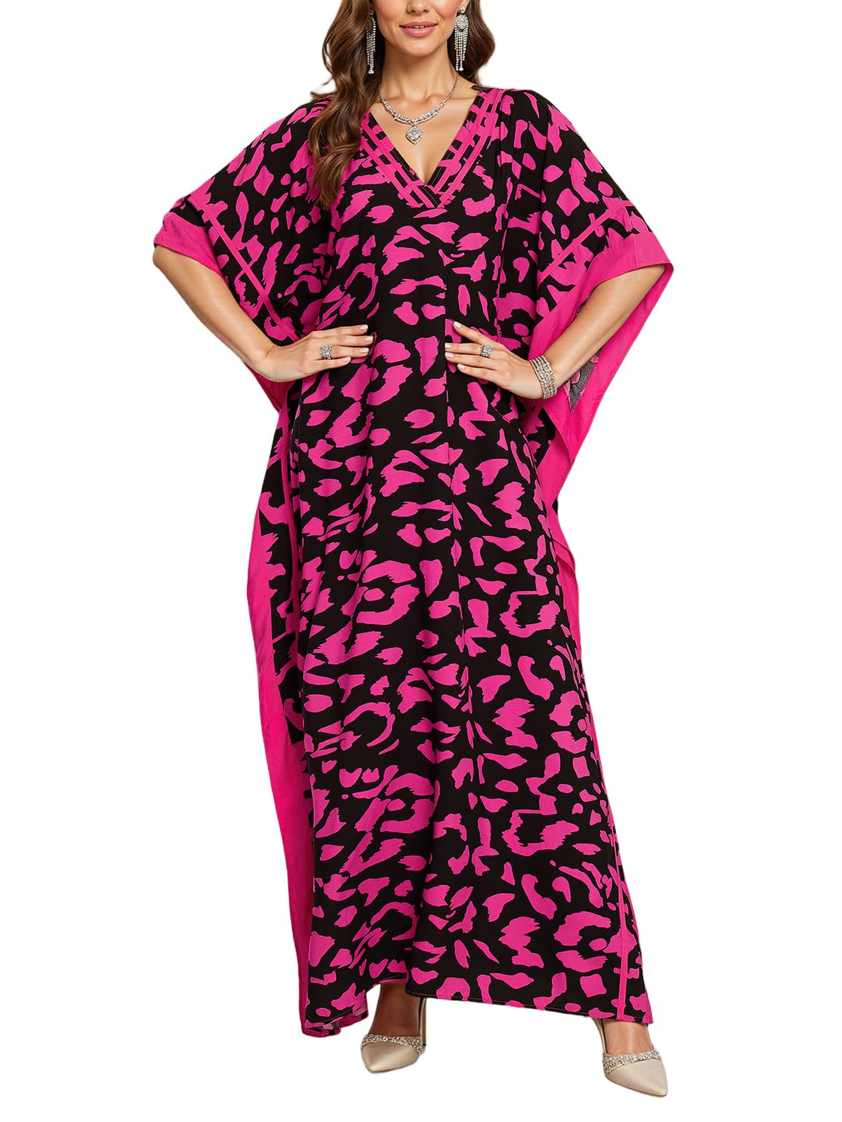 NFVNKJ Plus Size Mumu Dresses for Women - Boho Batwing Sleeve Caftan with Side Slits, Long Moo Moo Nightgown & Beach Cover Up