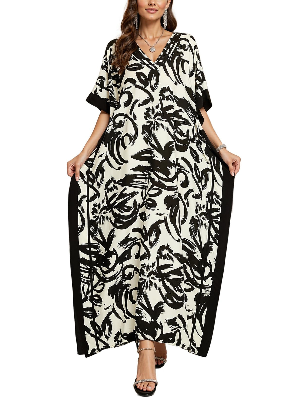 NFVNKJ Plus Size Mumu Dresses for Women - Boho Batwing Sleeve Caftan with Side Slits, Long Moo Moo Nightgown & Beach Cover Up