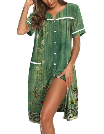 Ekouaer Nightgowns for Women House Dress with Pockets Button Down Sleepshirt Short Sleeve Nightshirt Housecoat