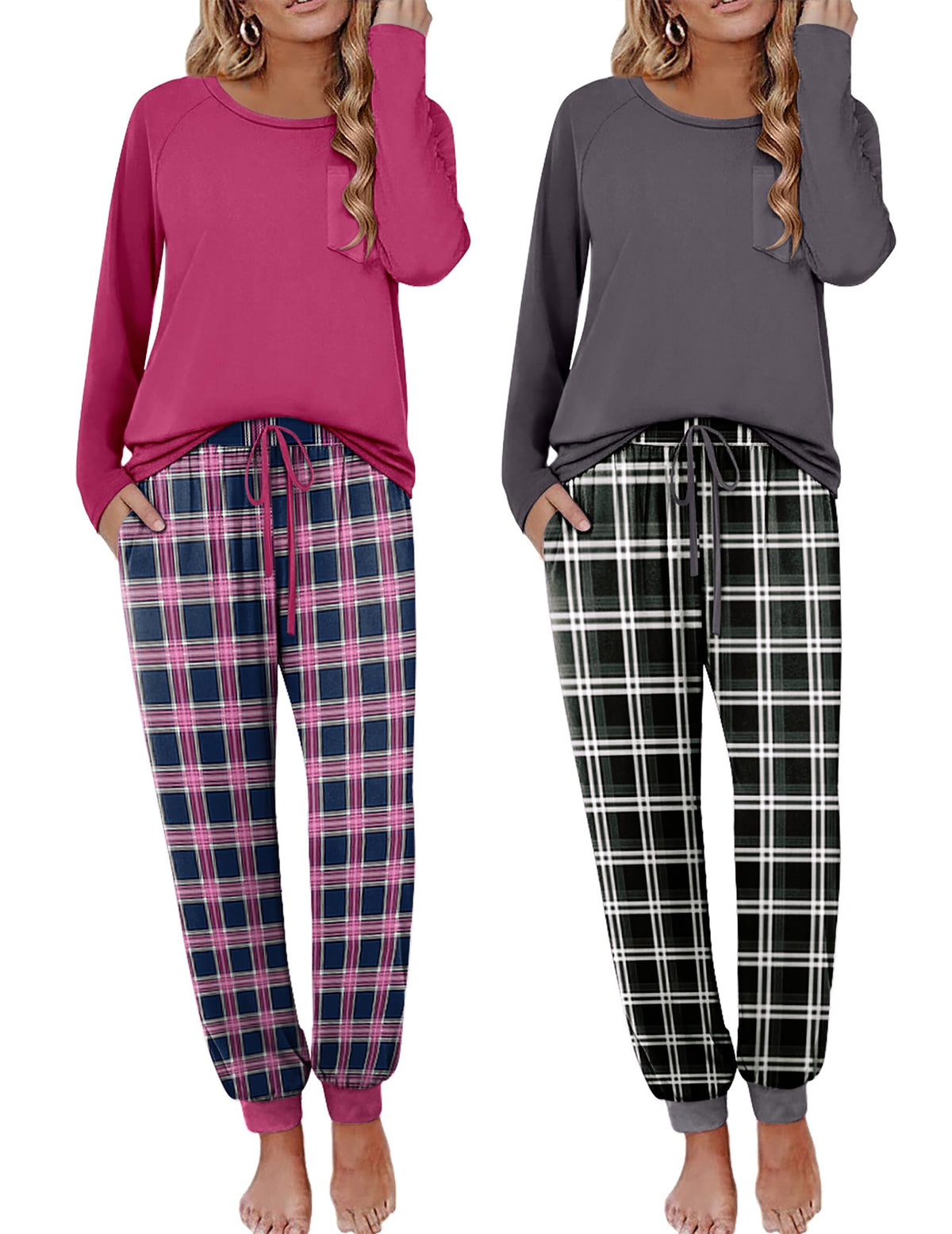 Ekouaer 2 Pack Womens Pajama Sets Long Sleeve Pjs Soft Comfy Lounge Set