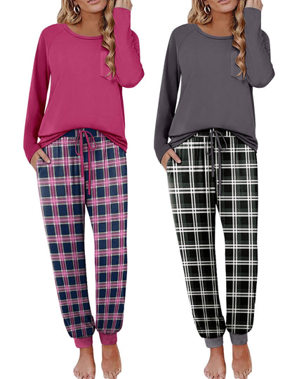 Ekouaer 2 Pack Womens Pajama Sets Long Sleeve Pjs Soft Comfy Lounge Set