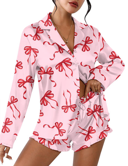 Ekouaer Womens Satin Pajama Sets Cute Button Down Silk Pjs with Ruffle