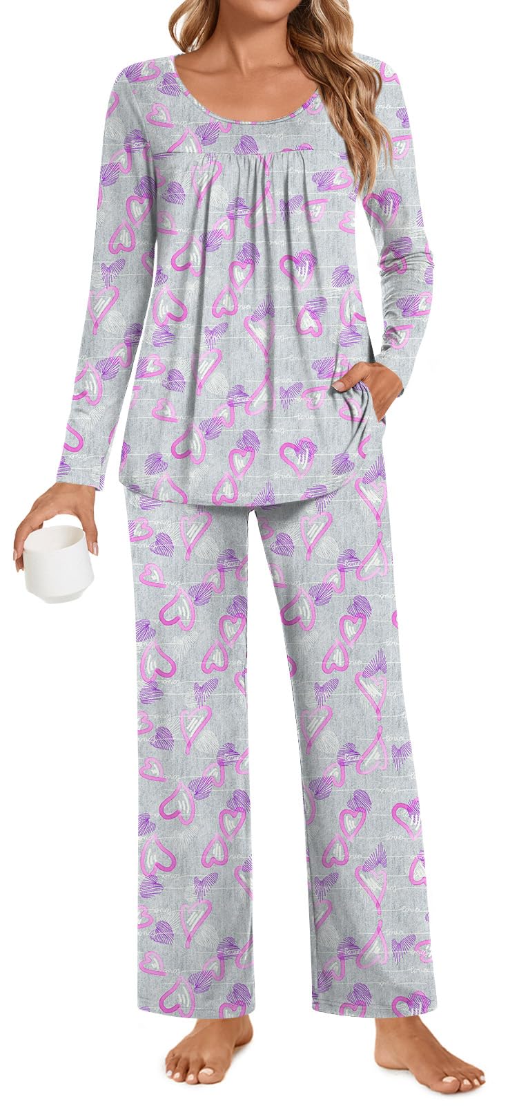 POPYOUNG Womens Pajama Set 2 Pieces Fall Pjs Comfy Sleepwear with Pockets