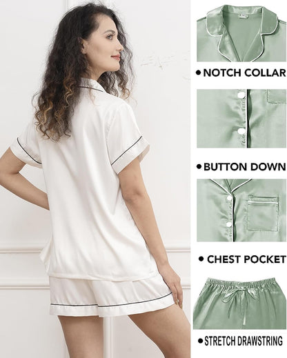 WJing Yi Jia 5Pcs Womens Soft Satin Pajama Set XS-4XL Button-Down Silk Pajamas Floral Sleepwear Bridal Pjs Lounge Pj Sets
