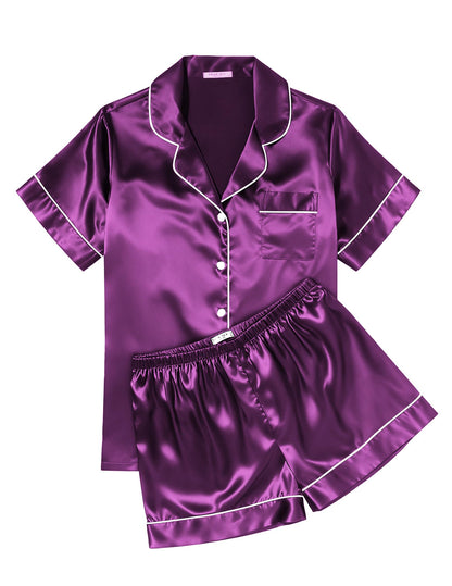 Ekouaer Womens Silk Satin Pajama Sets Soft Short Sleeve Button Up Sleepwear