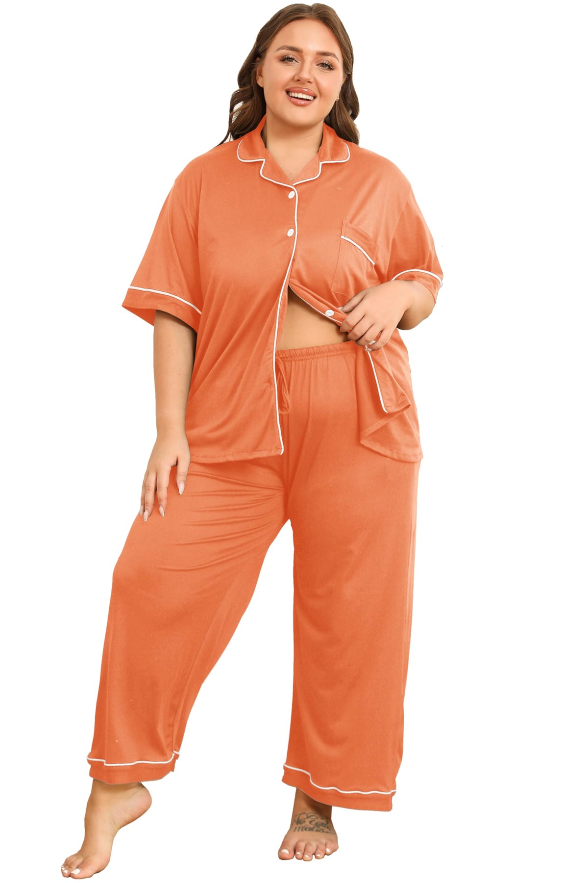 Vozanet Women's Plus Size Pajamas Button Down Shirt and Pants Soft Lounge Sets Bride Nighty Bottom with Pockets 1x to 5x
