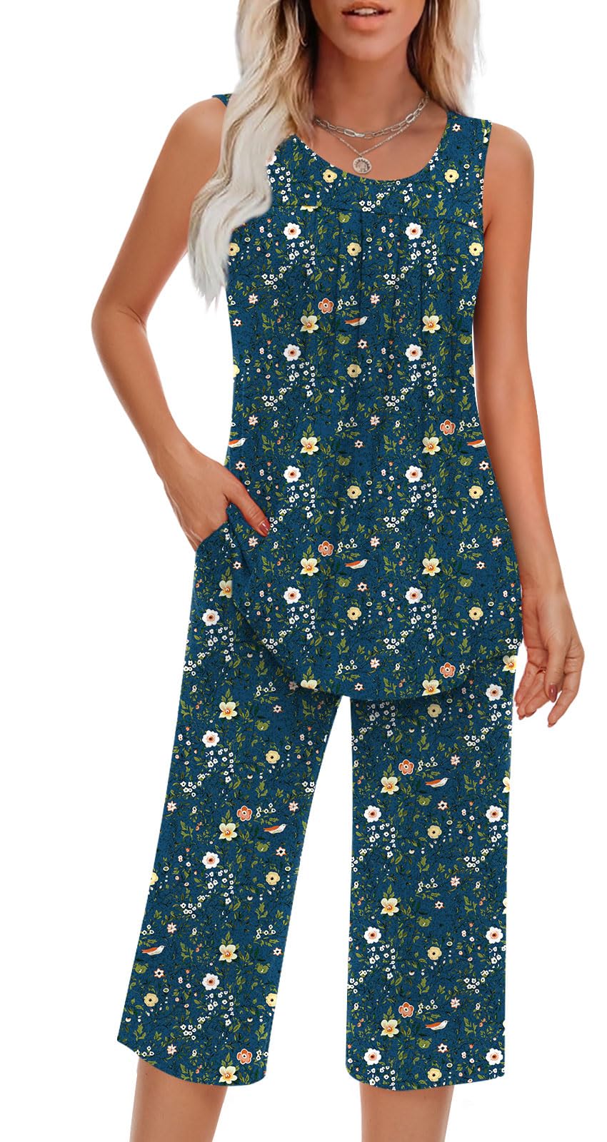 Findsweet Women Pajamas Sets Loungewear Soft Sleepwear Two Piece Summer Sleeveless Pjs Tank Top Pants with Pocket S-4XL